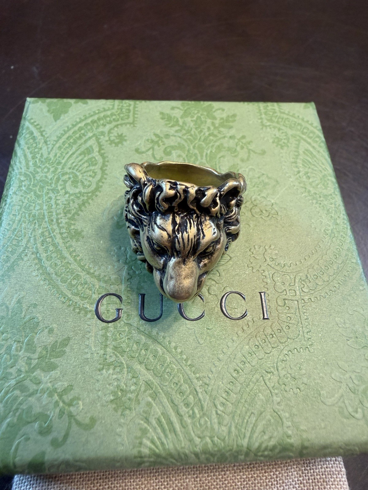 New Authentic Gucci Lion Head Brass Ring Size IT 19 / US 8.75