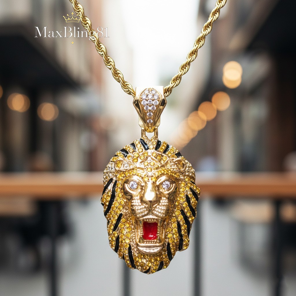 Lion Head CZ Pendant & 18″ 20″ 24″ Stainless Steel Rope Chain Fashion Necklace