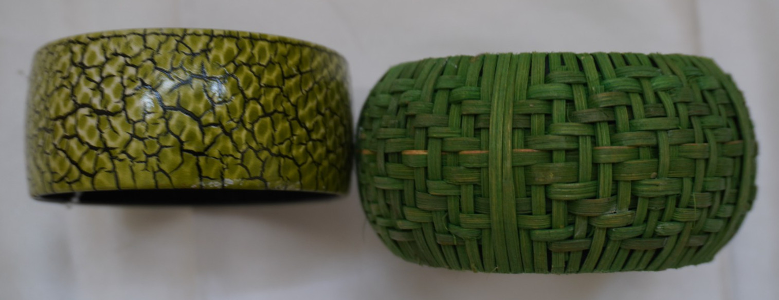 VTG Boho Lime Green Bangle Set – Woven Raffia Straw & Crackle Texture Cuff 2pc