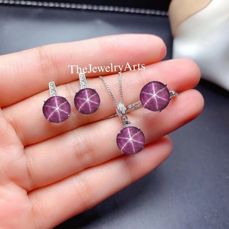 Natural Ruby Star 4 pcs Set for Women Red Star Ruby Jewelry Set in SIlver