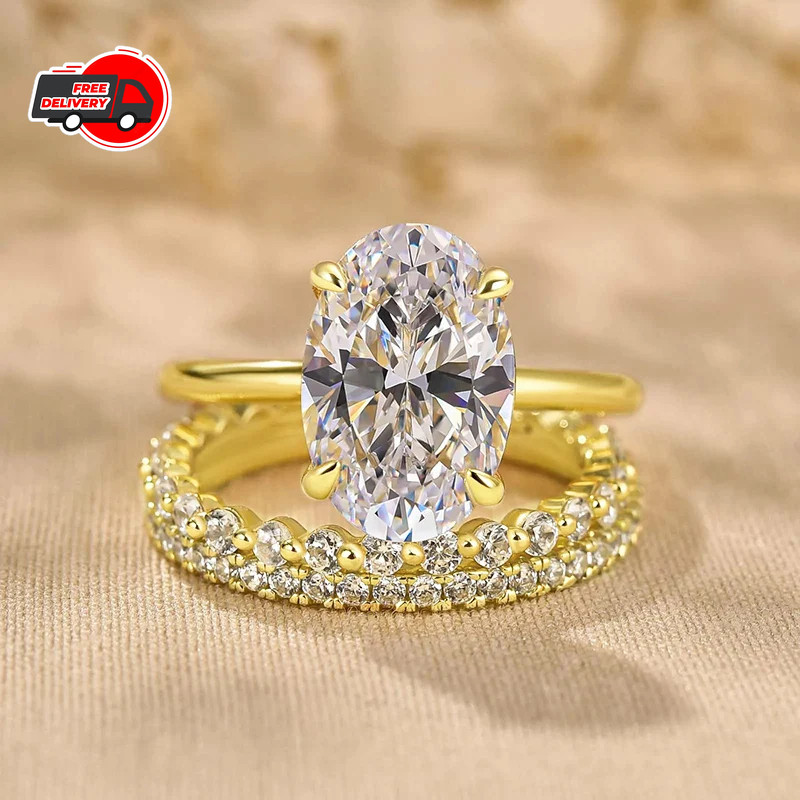 ONE SET 3 PCS Women 18k Gold Plated Sparkling CZ Oval Band Ring Engagement