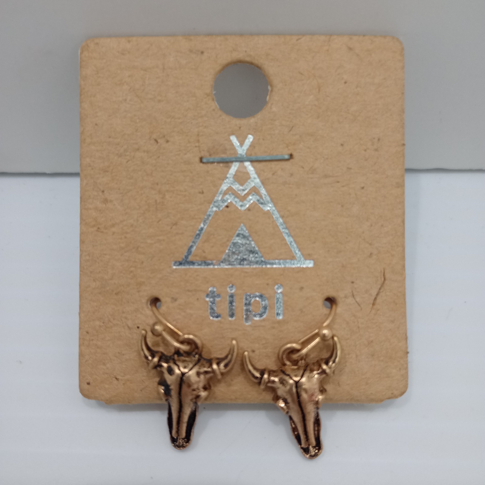 Tipi Western Bull Skull Earrings Gold Tone Dangle Boutique Style Pierced