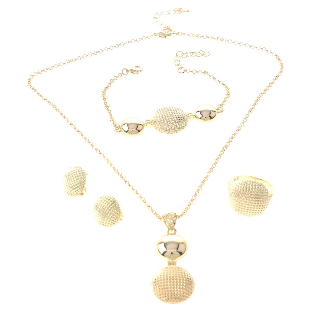 Gold Tone Gold Plated Metal Necklace Bracelet Earring Ring Set MNS651-GLD
