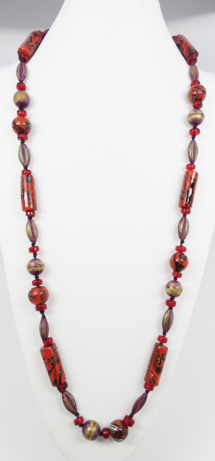 Vintage Blood Orange / Red Millefiori Cane Glass Violet Trade Bead Necklace