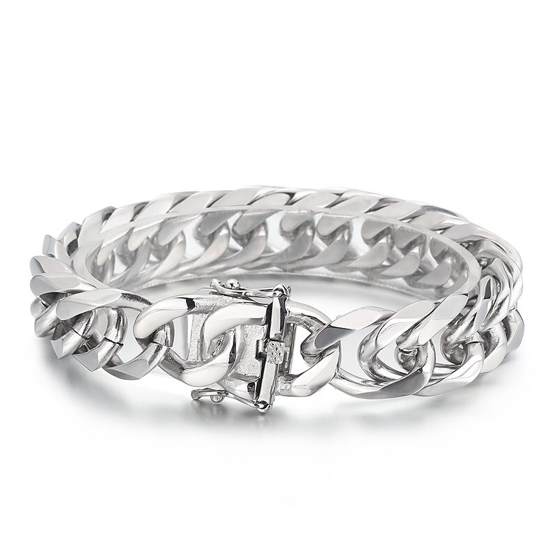 16mm 8.26 Inch High Polished Mens Bracelet Stainless Steel Double Miami Chain