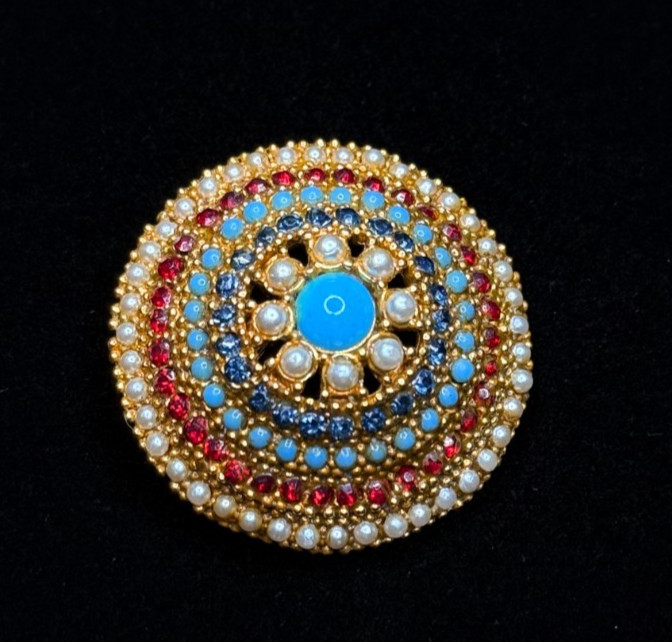VTG Arthur Pepper ART Signed Red White & Blue Gold Tone Domed Patriotic Brooch