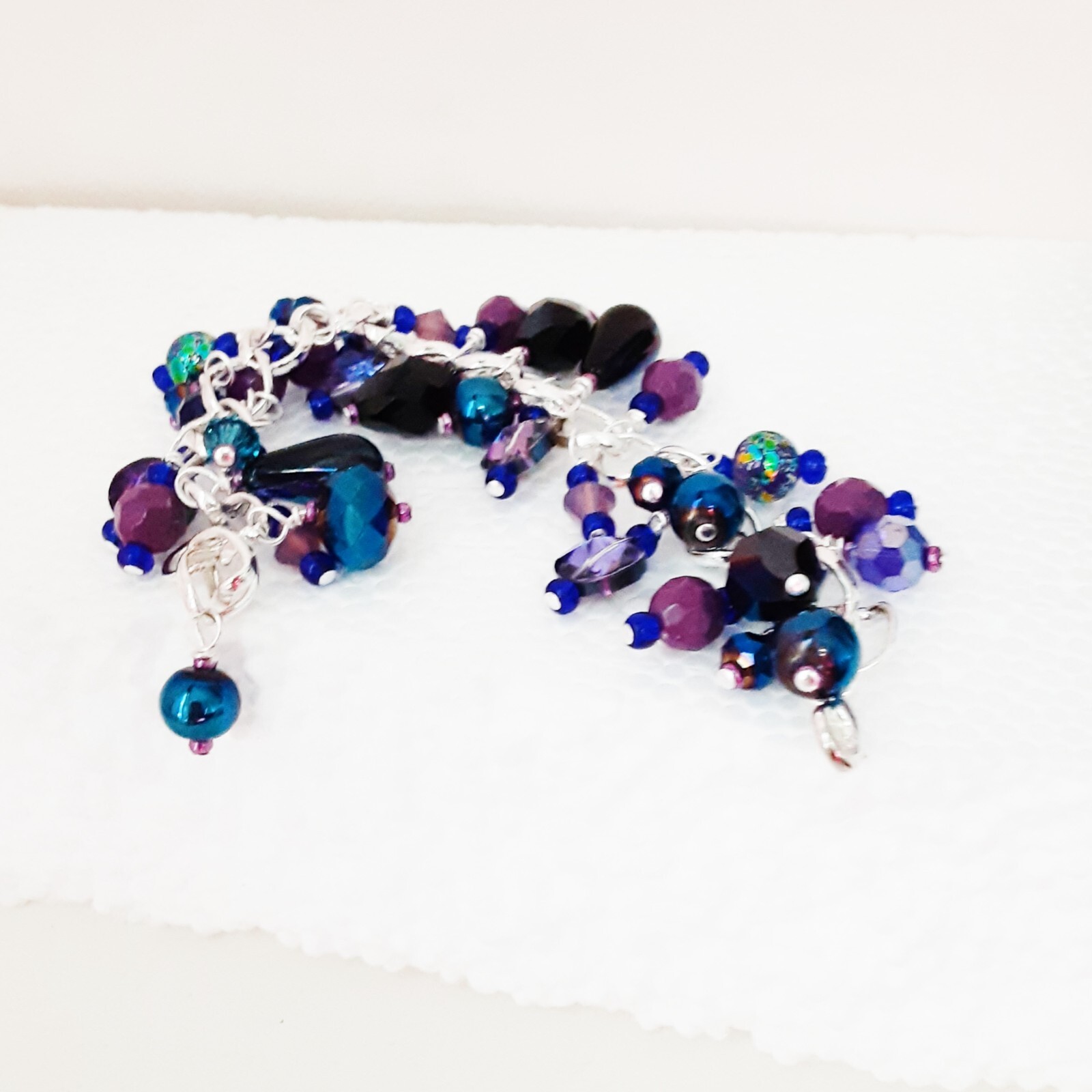 Handmade bracelet upcycled blue purple beads wirework Pat2 sz 6.2