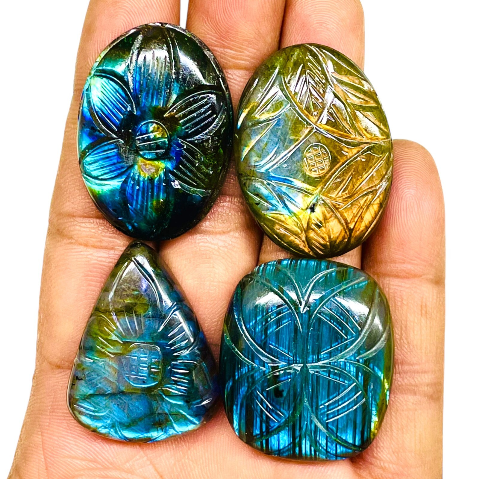 4 Pcs Natural Carved Labradorite 32-34mm Huge Pendant Size Loose Gemstones Lot