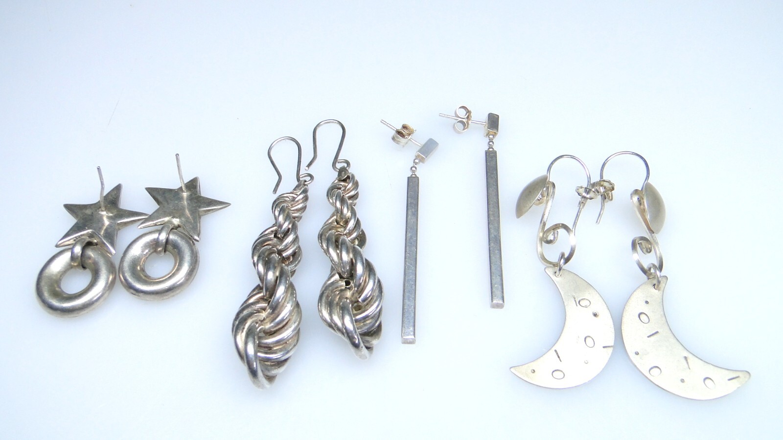 Large Sterling 4prs Dangle Earrings Silver Star Moon Twisted Lot