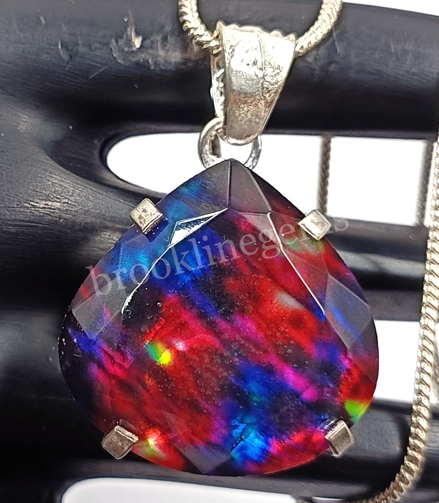 74.65 Ct Pear Natural Ammolite Opal Doublet 925 Silver Pendant EGL Gems 5FRD