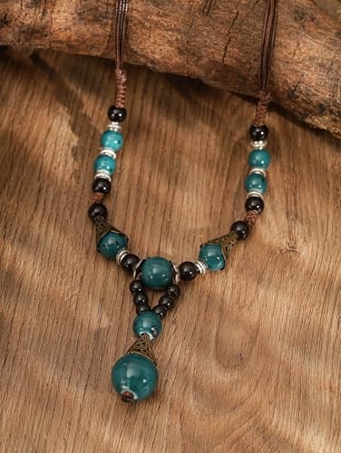 Vintage Bohemian Ethnic Colorful Ceramic Bead Long Y Necklace, Hippie Boho S01