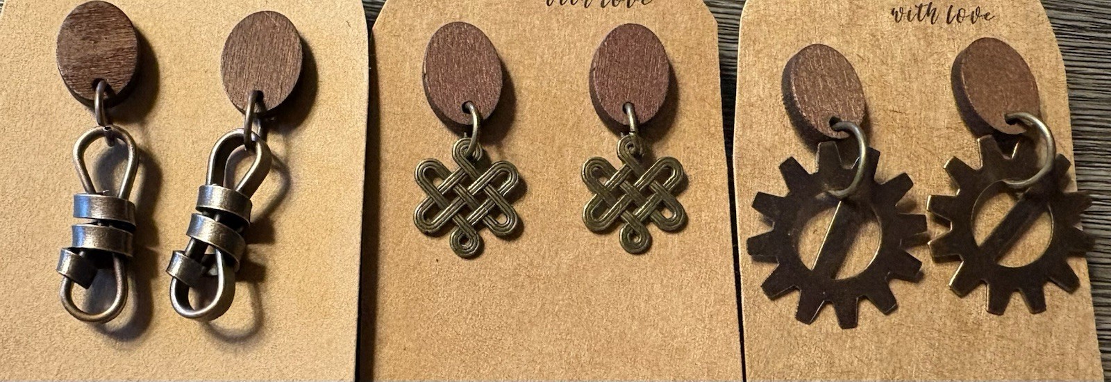 Brand New Beautiful Set Of 3 Pair Handmade Stud Earrings/ Wood And Metal