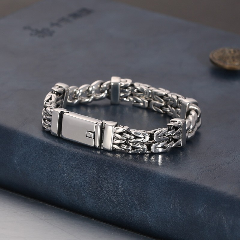 Real 925 Sterling Silver Curb With Double Byzantine Link Bracelet 7.48inch L