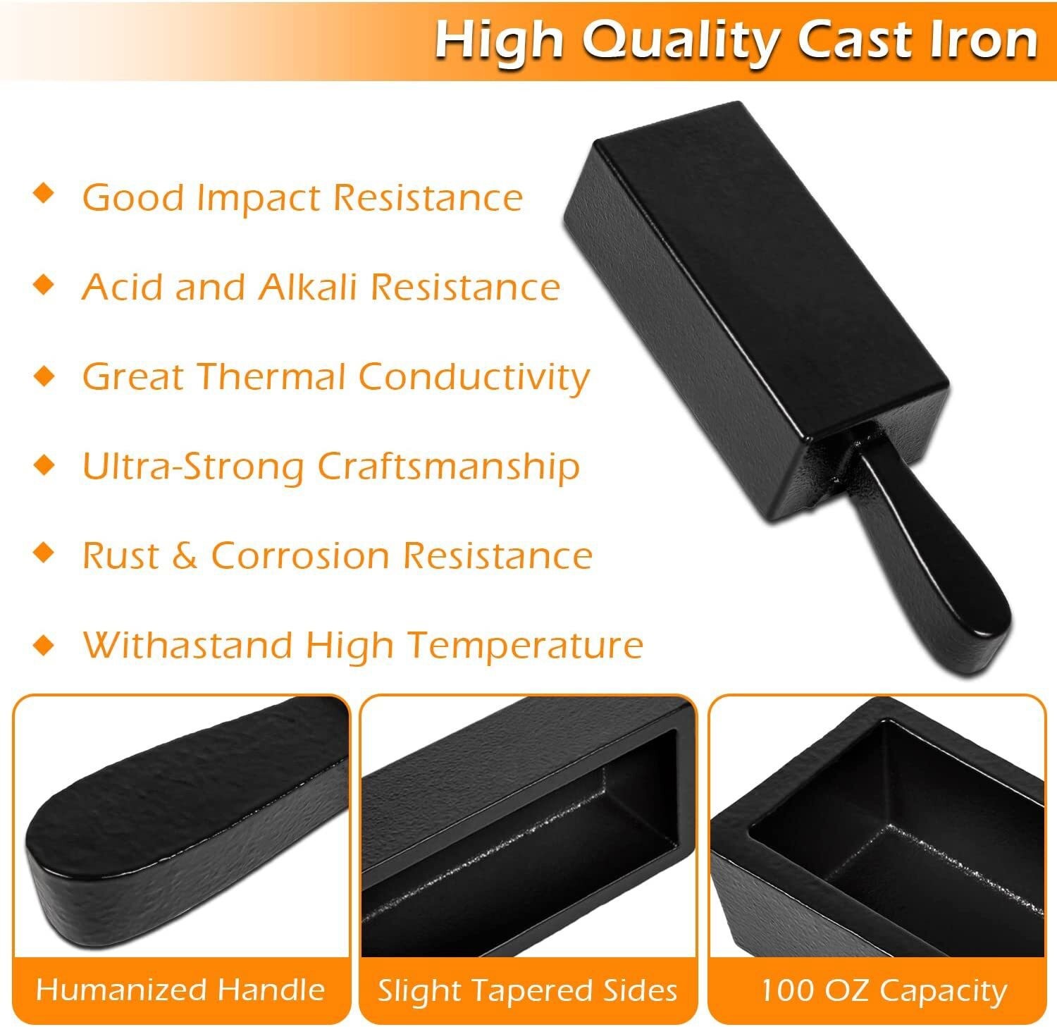 100 Oz Troy Cast Iron Gold Bar Ingot Mold for Smelting Silver Copper & Brass