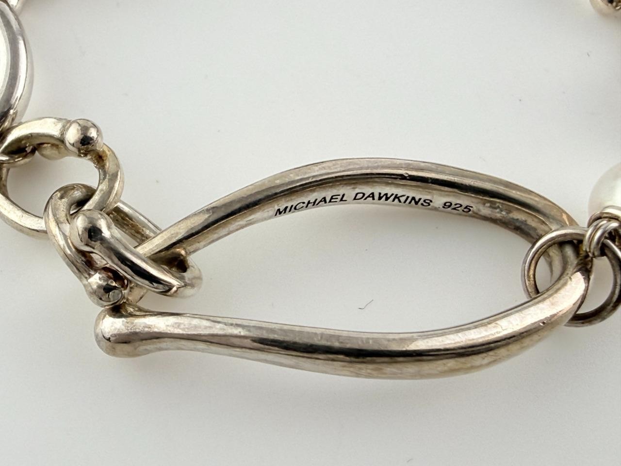 Michael Dawkins Sterling Silver Horsebit Chain Pearl Bracelet 6.5 Inch Length