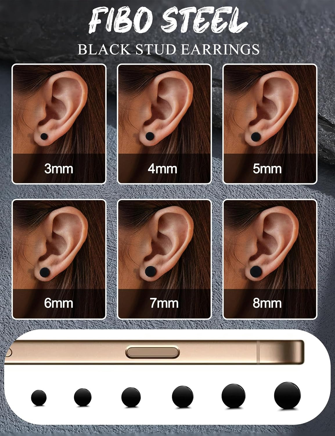 316L Surgical Steel Hypoallergenic Black Stud Earrings for Men Women, round Wate