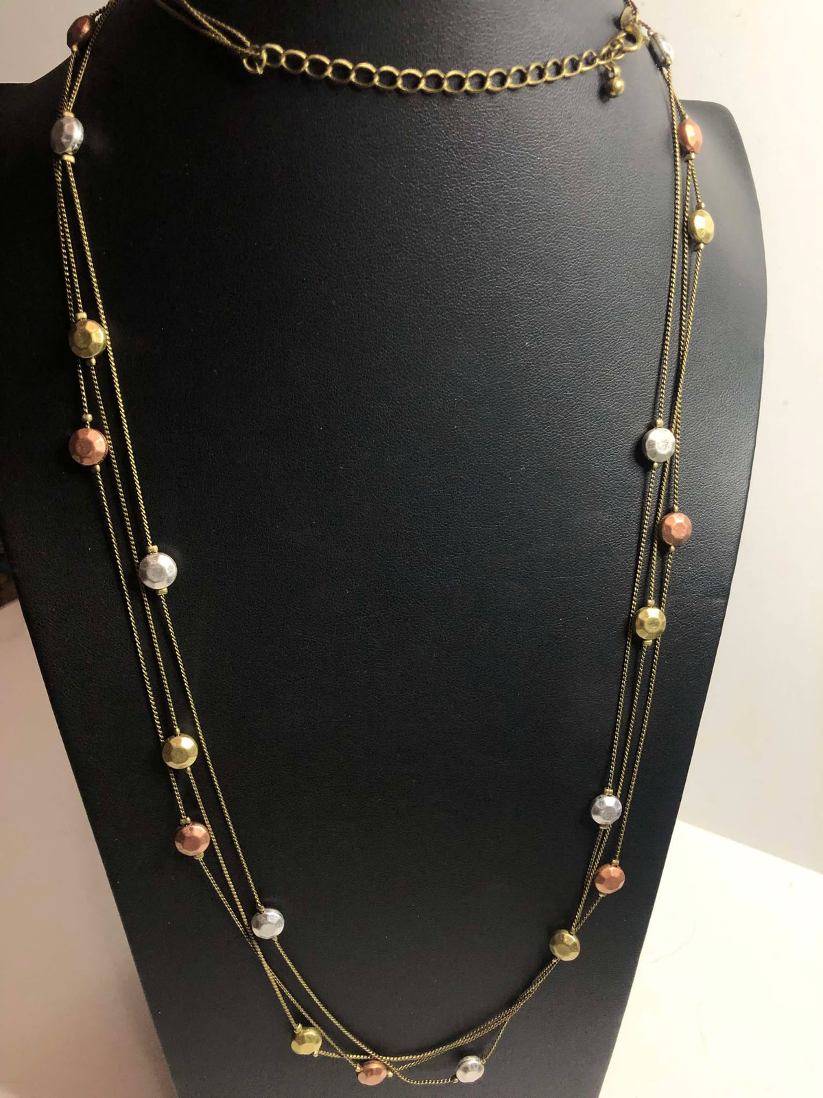 2886 Premier Design goldtone hammered station bead Necklace 36-40″ long