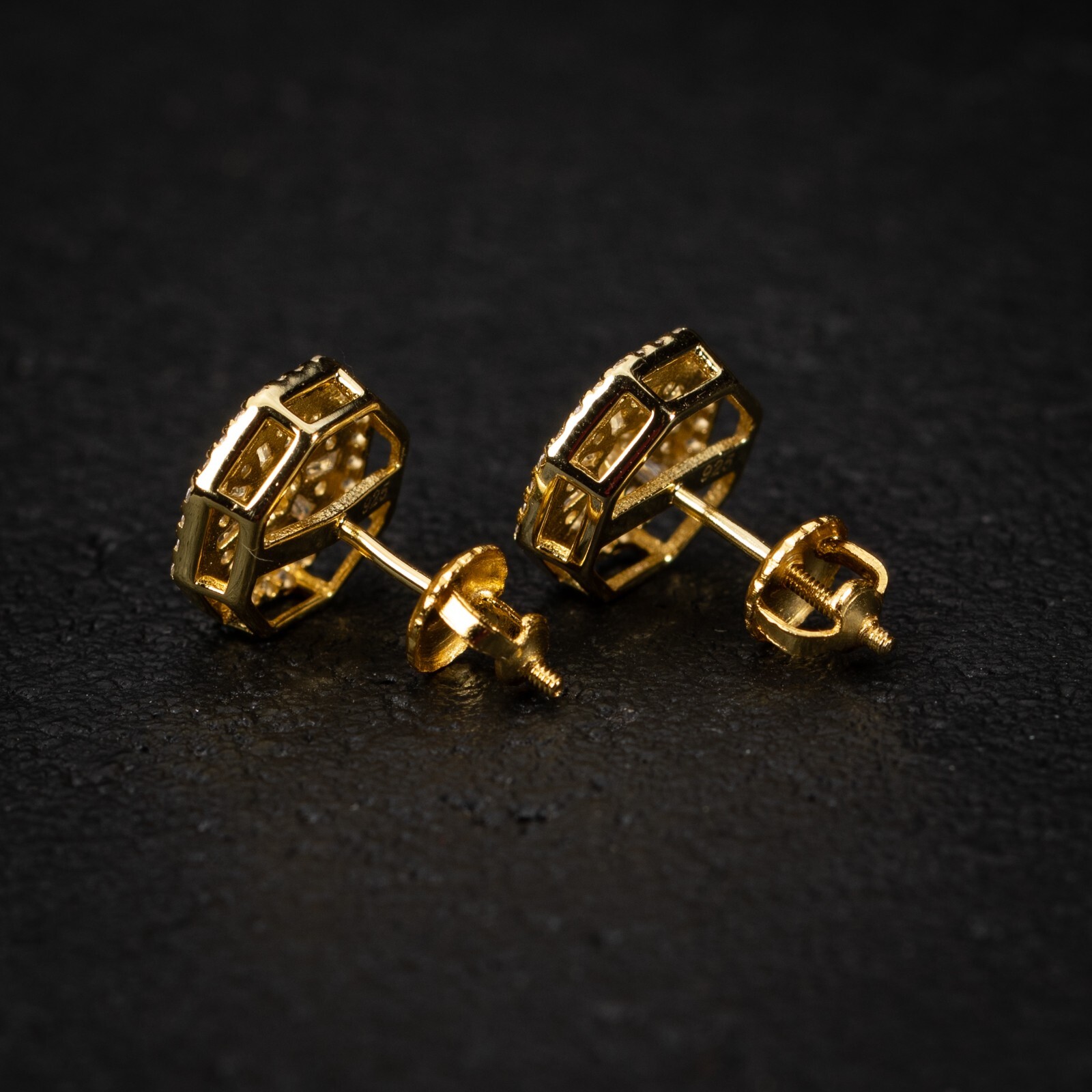 Men’s 14K Yellow Gold Plated 925 Sterling Iced Cz Octagonal Shaped Stud Earrings