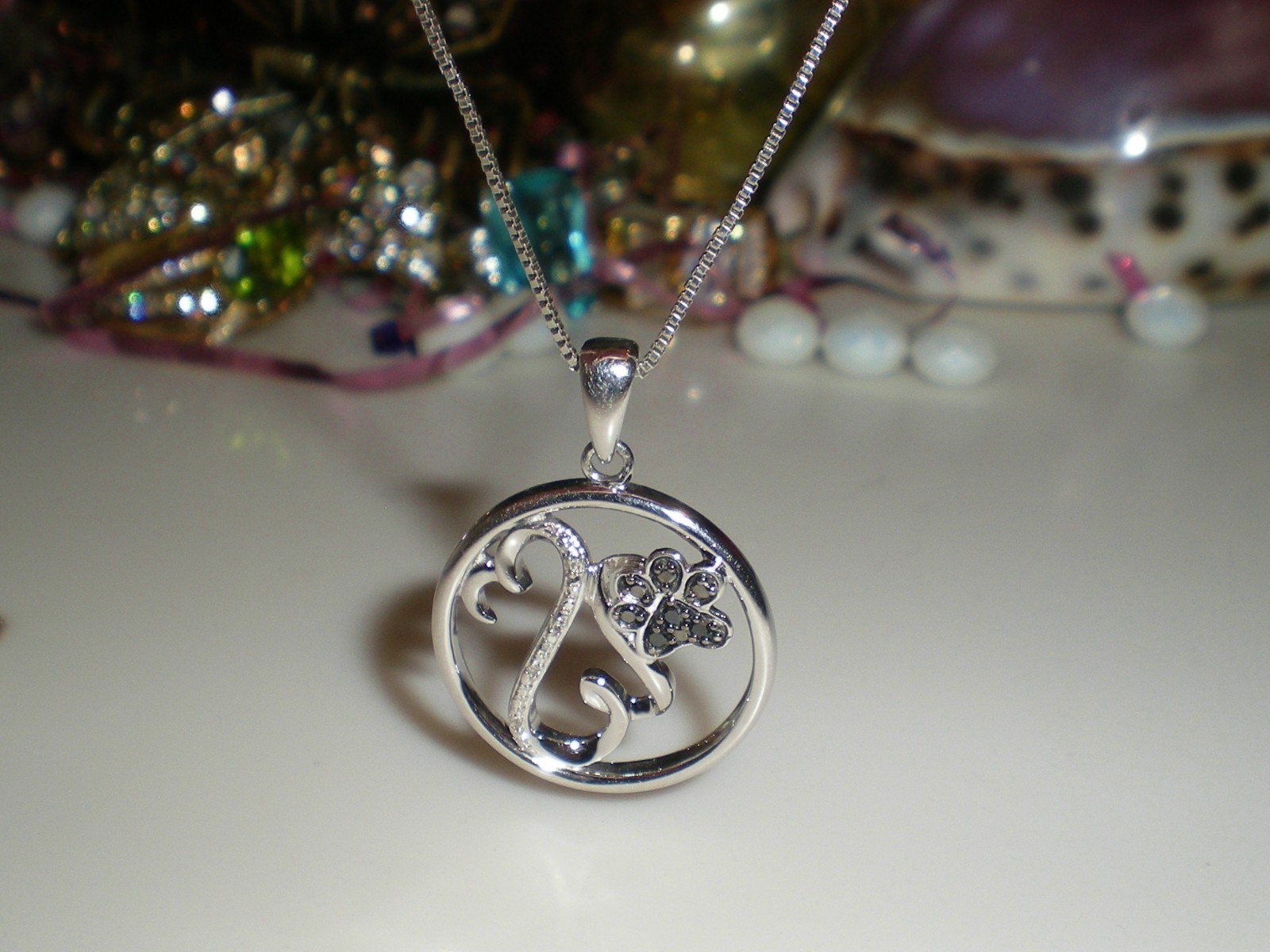 Jane Seymour Open Hearts SS PAW PRINT BLK/WHT Diamond Necklace 🐾 KAY 🐾 RARE!