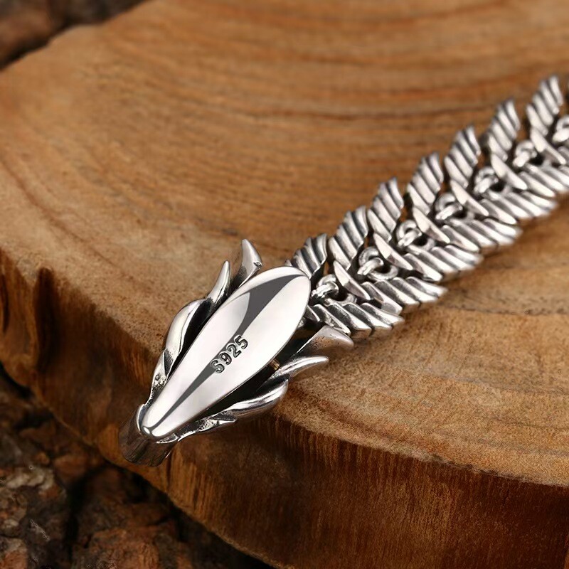 Pure S925 Sterling Silver Chain 12mm Dragonscale Bone Link Bracelet 7.1-8.3inch