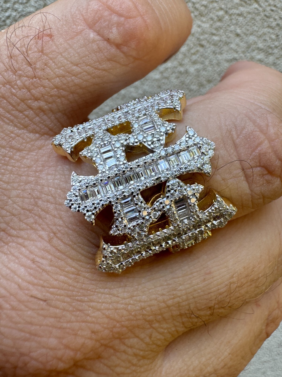 MOISSANITE Iced Real Baguette Gothic Three Cross Ring Solid 14K Gold 925 Silver