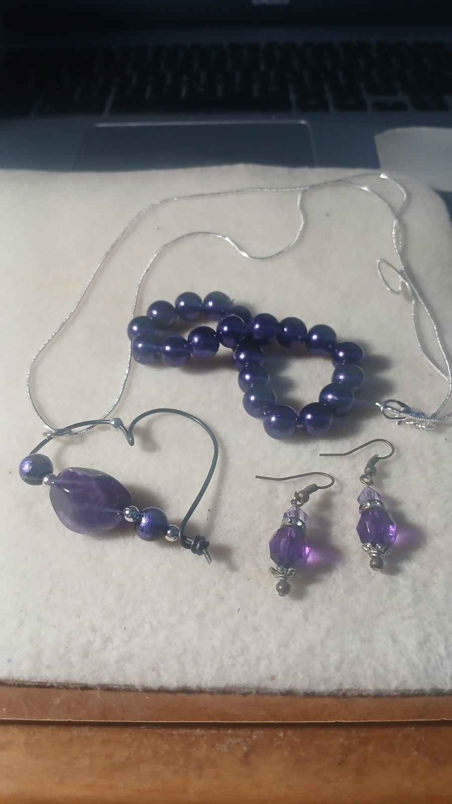 3 piece jewelry/ purple bead bracelet/earrings/silver heart charm necklace