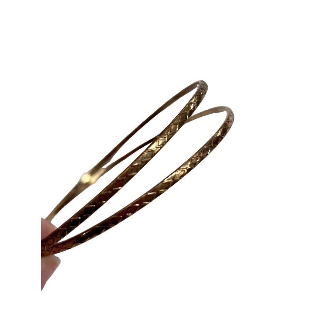 Set of 2 Goldtone Thin Bangle Bracelets Diamond Shape Pattern