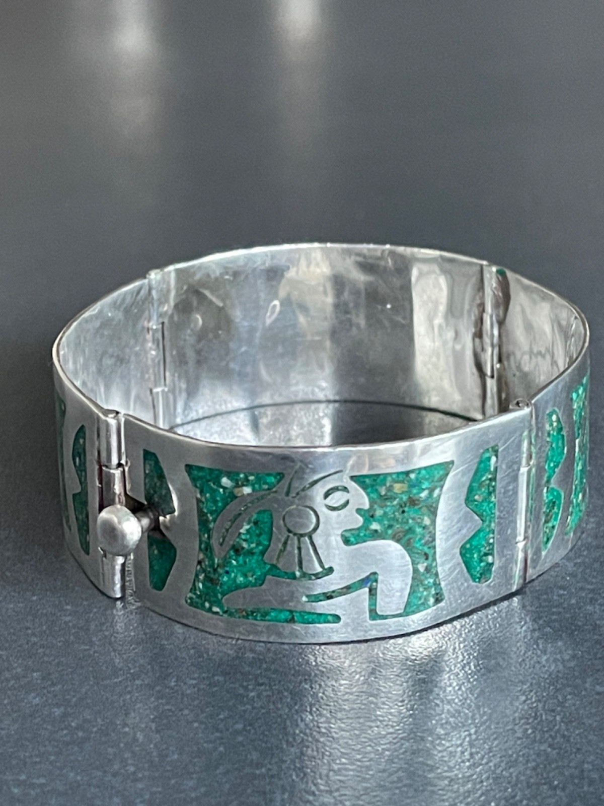 Solid 925 Silver Bracelet from Taxco Mexico Handmade with Green Stone Inlay