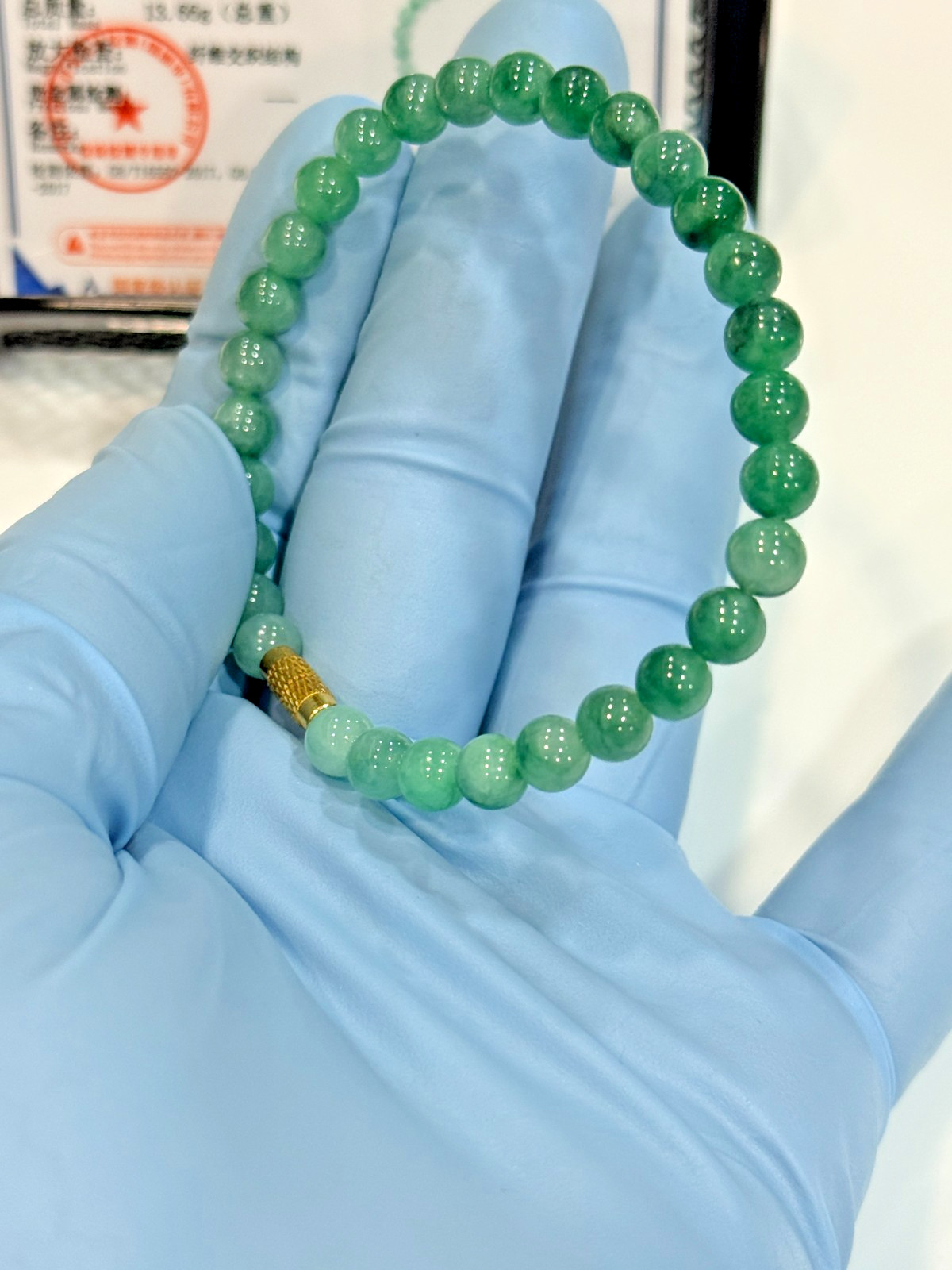 Natural Grade A Jadeite Jade Beaded Bracelet Green Floating Flower 6 mm #707916
