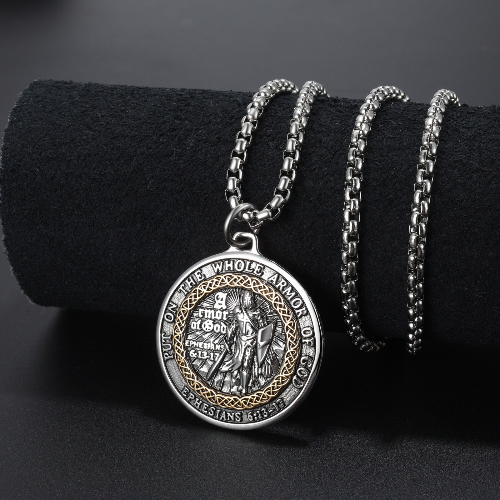 Men Christian Armor of God Ephesians Bible Verse Stainless Steel Faith Necklace