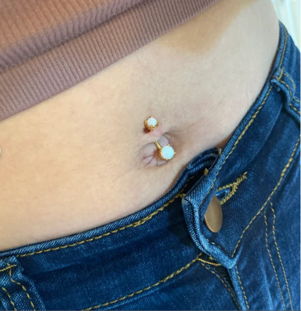 14G GOLD STEEL PRONG SET CLEAR DOUBLE CZ GEM BELLY BUTTON RING NAVEL BARBELL
