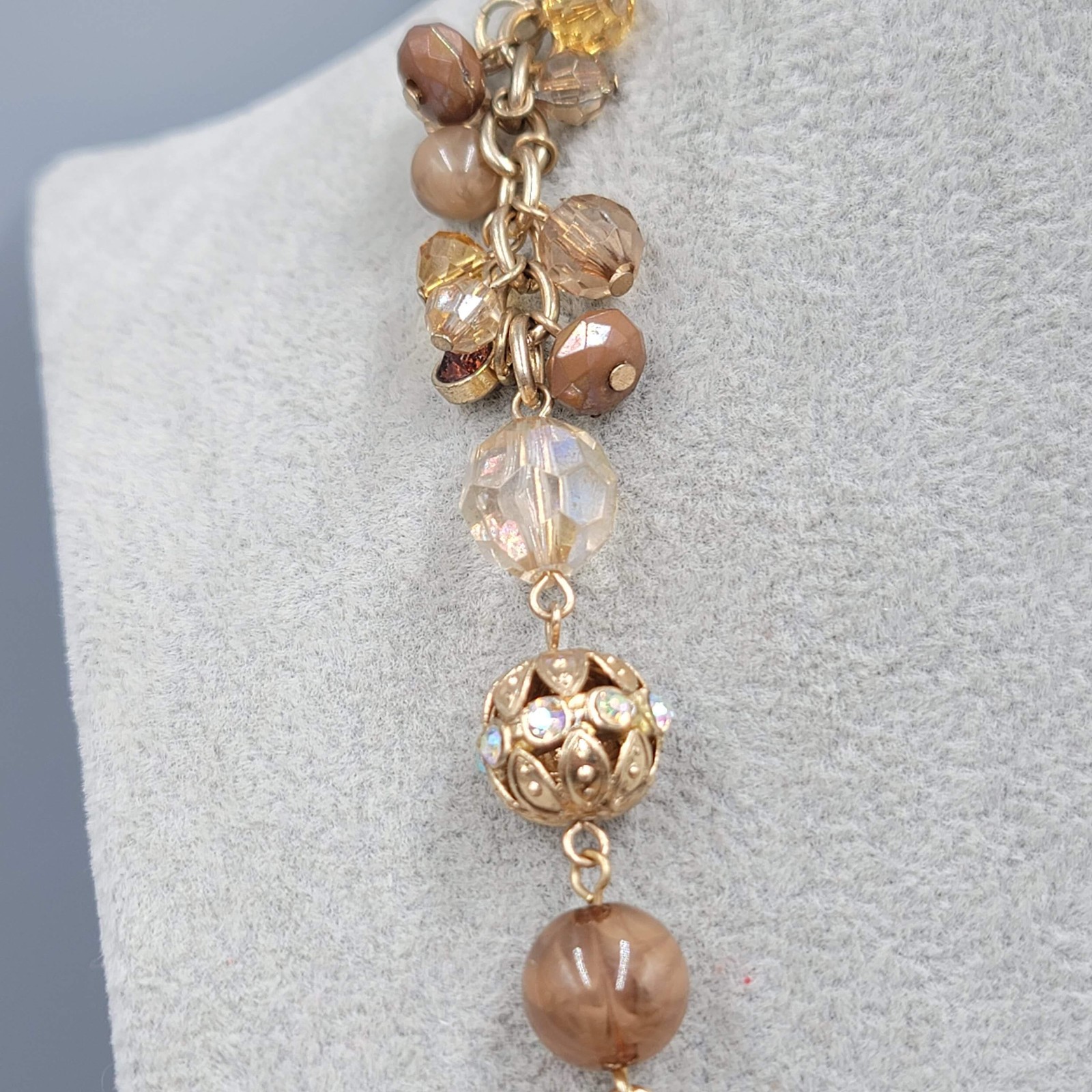 Gold Tone Beaded Station Necklace 36 in Brown Glass Filigree Beads Chain Womens