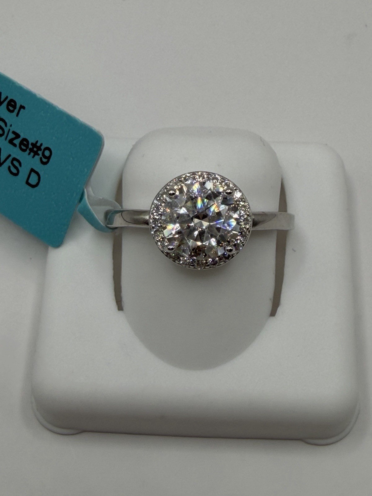 Stamped 925 Sterling Silver Moissanite Round Halo Solitaire Ring Size 9