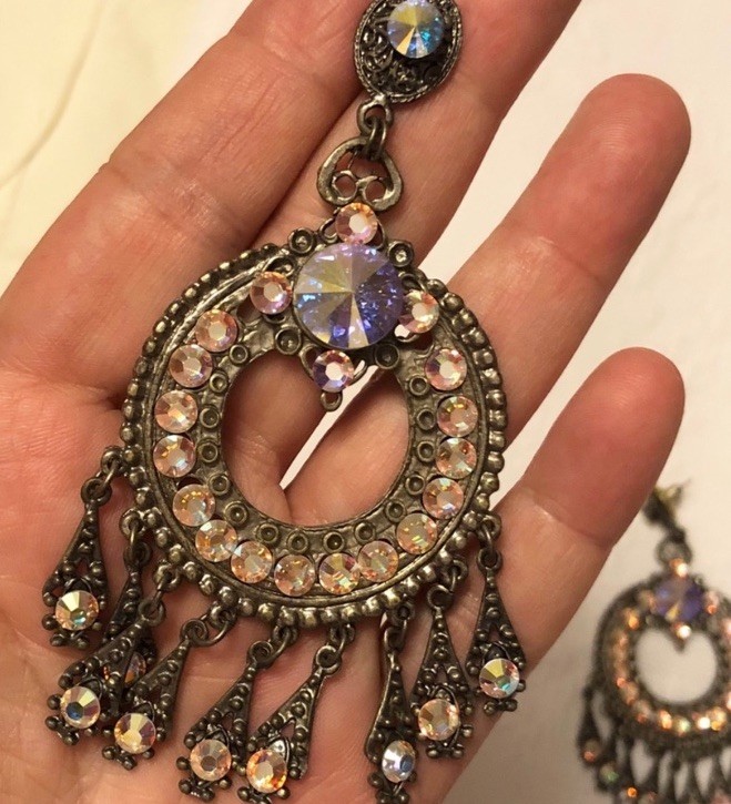 Elo7 Antique Silver Iridescent Rhinestone Tassel Dangling Chandelier Earrings