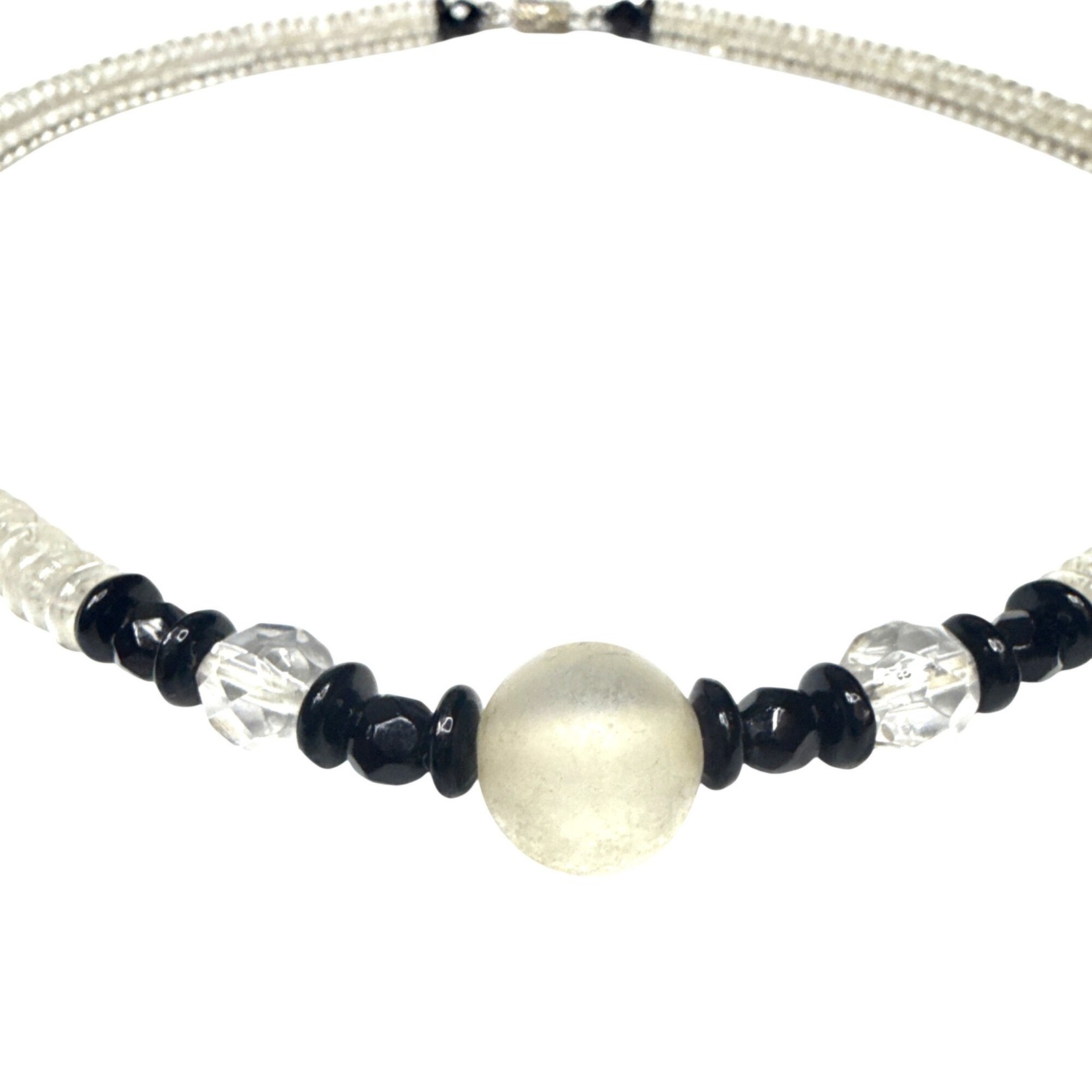 Handmade Beaded Necklace Clear Black Glass Beads White Center Stone Jewelry