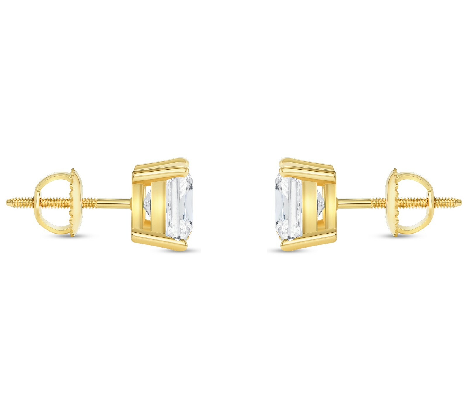 4 Ct Princess Cut Created Diamond Real 14K Yellow Gold Stud Earrings Screw Back