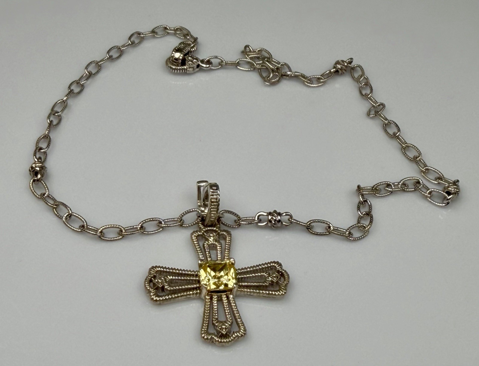 Judith Ripka Sterling Silver Canary Quartz Cross Pendant Station Link Chain