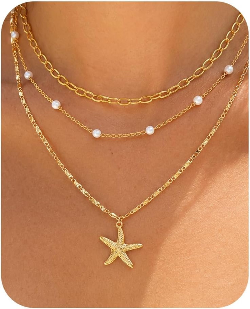 Starfish Necklace Beach Summer Layered Necklaces for Women Non Tarnish Waterproo