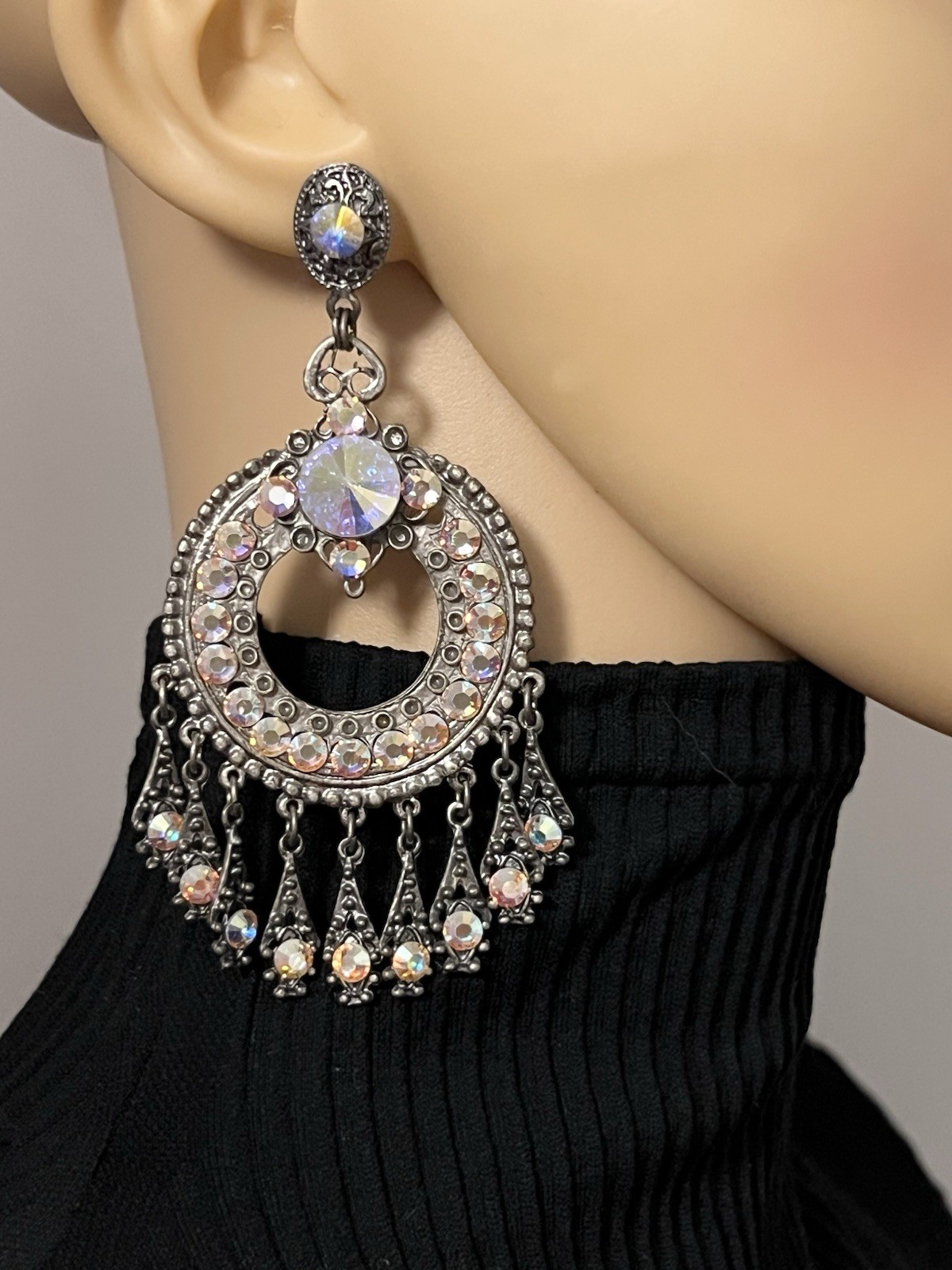 Elo7 Antique Silver Iridescent Rhinestone Tassel Dangling Chandelier Earrings