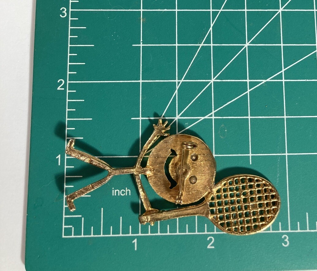 Tennis Racket Player Pin Brooch Anthropomorphic Blue Rhinestone Eyes
