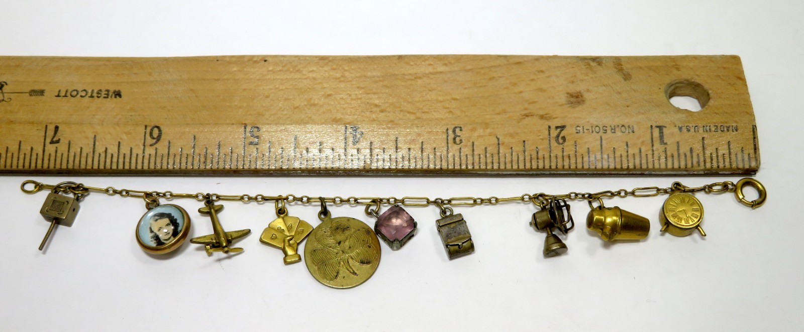 Vintage Brass Charm Bracelet W/ 10 Charms – 7 Inches