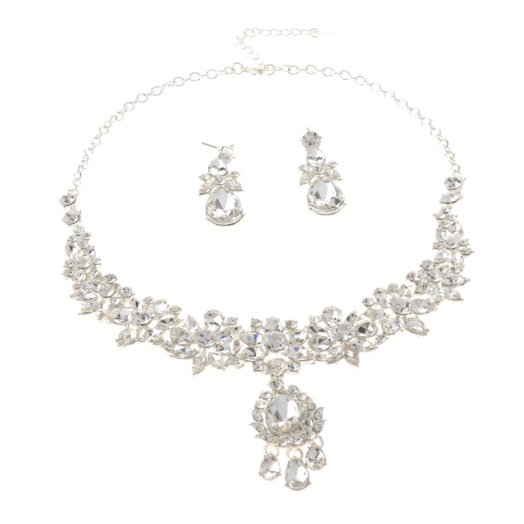 Silver Tone Alloy Metal Rhinestone Necklace Earring Set S20703-SCRY