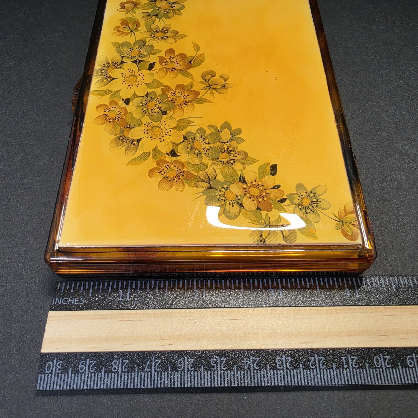 Vintage 1970s Mustard Yellow Floral Lucite Acrylic Jewelry Box Valet Tray…