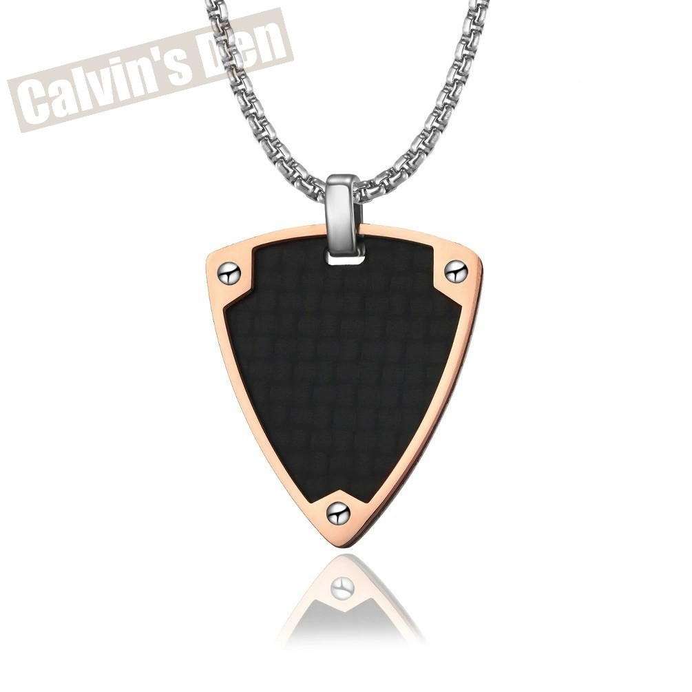 Rose Gold Tone Stainless Steel Carbon Fiber Inlay Small Shield Pendant Necklace