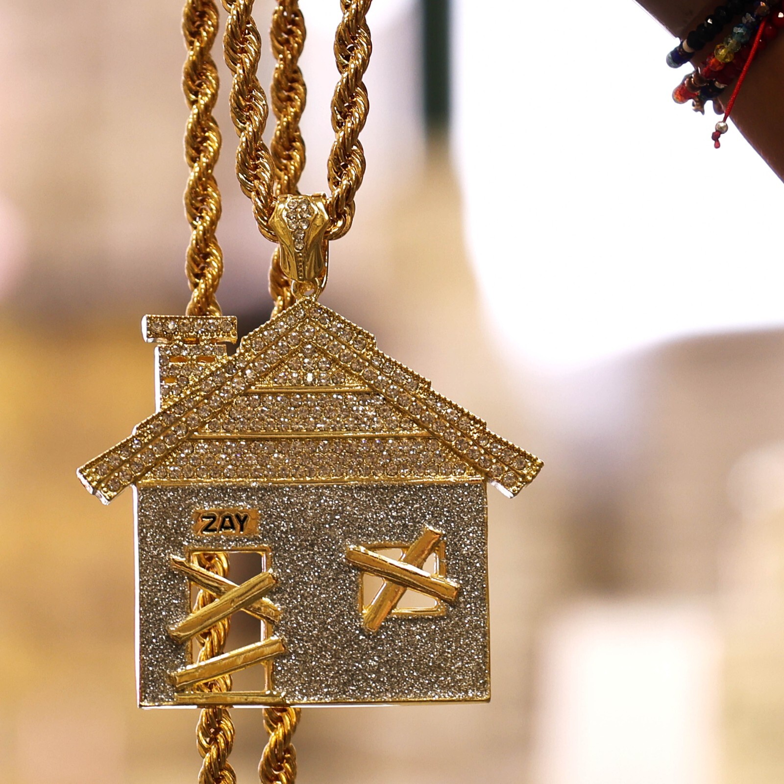 Cubic-Zirconia House Trap Pendant stardust 36″ Rope Chain Jumbo Gold Plated