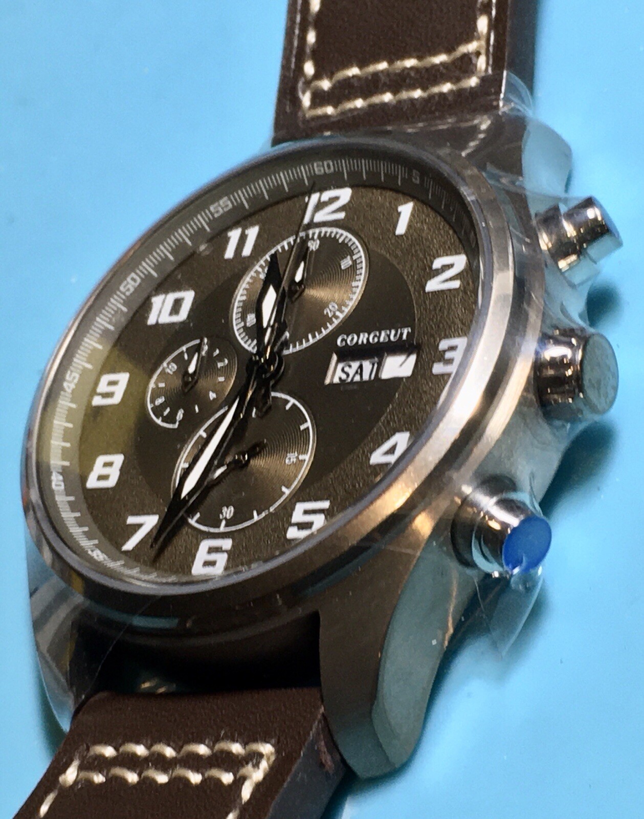 CORGEUT BRONZE DIAL CHRONO WATCH STAINLESS STEEL DAY DATE QUARTZ PILOT WATCH NEW