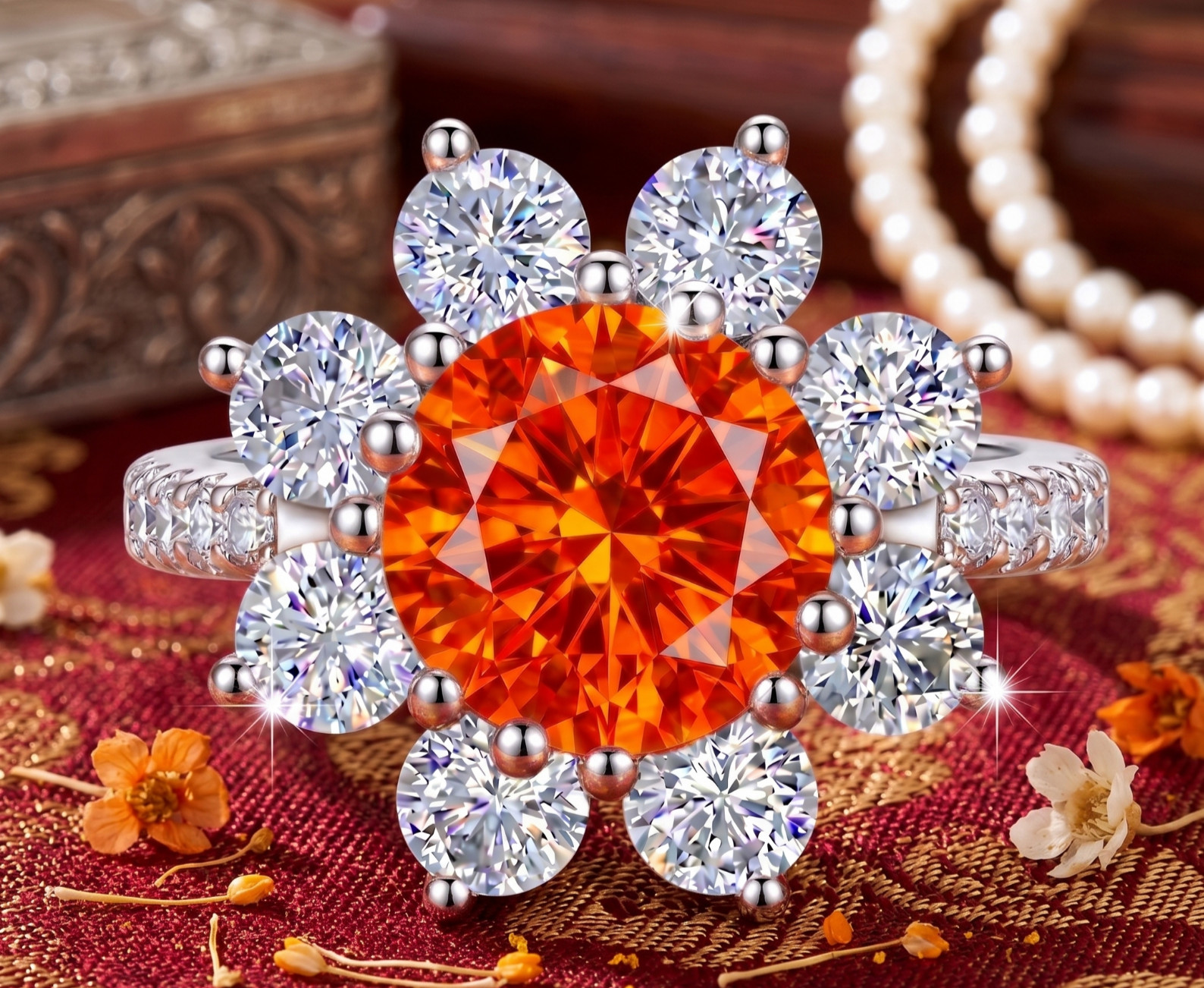 RARE 6.20 Ct Certified Round Cut Orange Natural Diamond Ring White Gold Finish