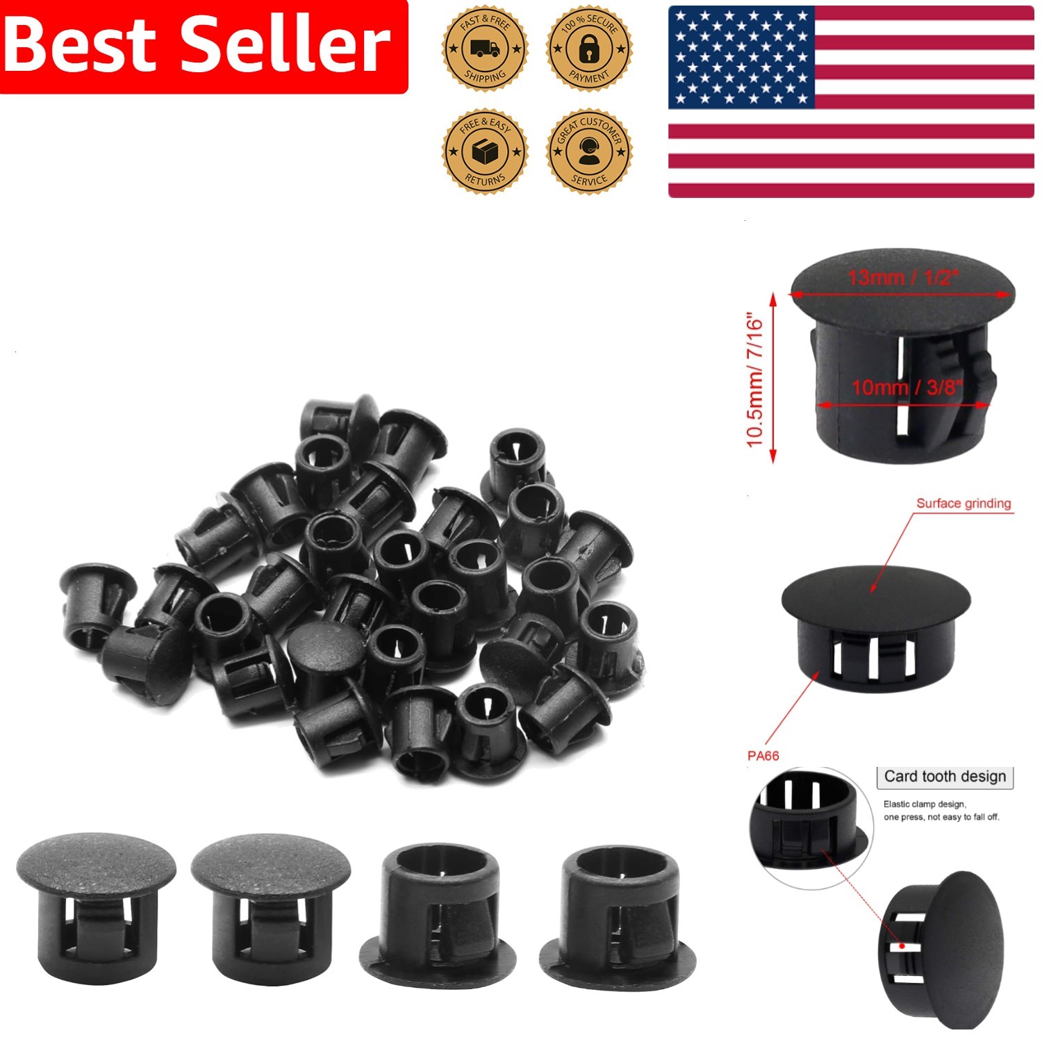 Black Plastic Hole Plugs Flush Mount Locking Furniture Cap