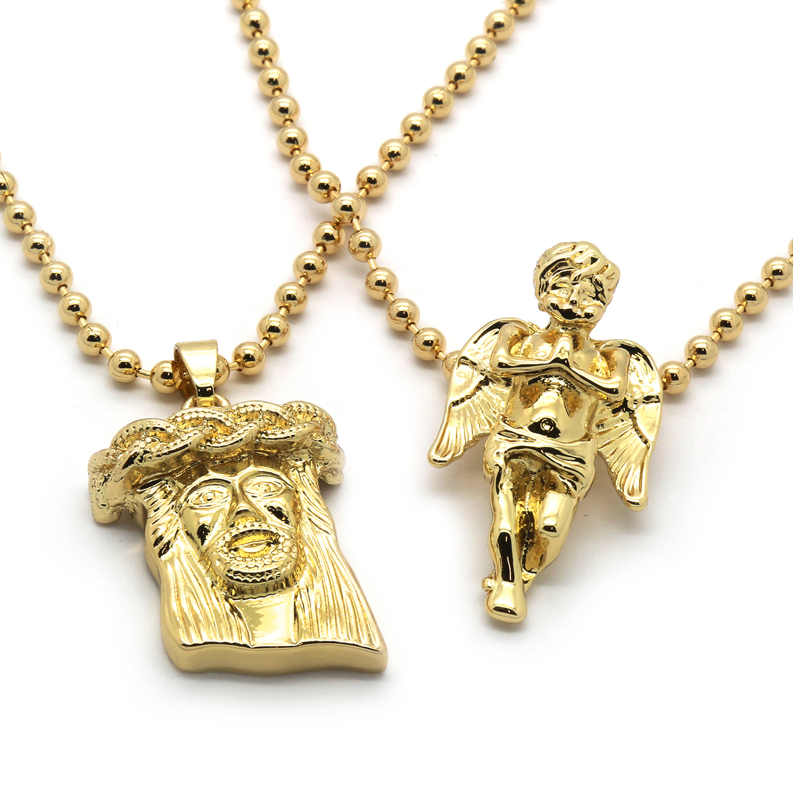 Mens Gold Plated Jesus Angel Piece Combo Set Plain Pendant Chain Necklace