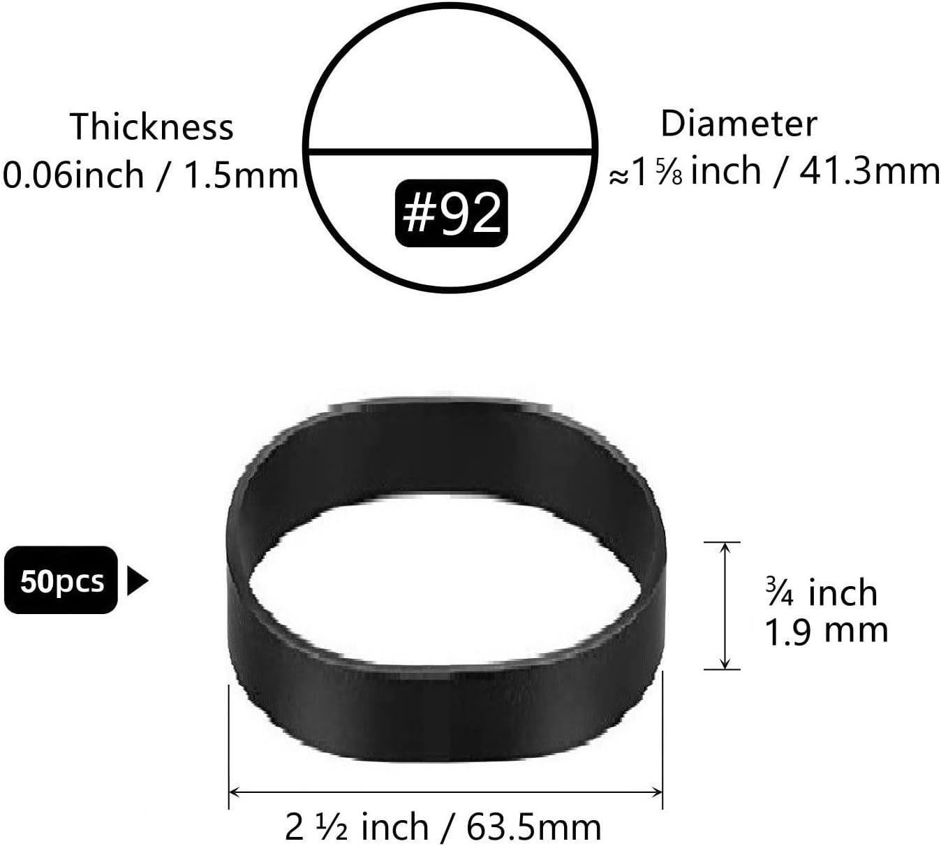 Tactical Rubber Bands Size #92 (2 1/2” X 3/4”), 50 Pcs Black Thick Wide Small